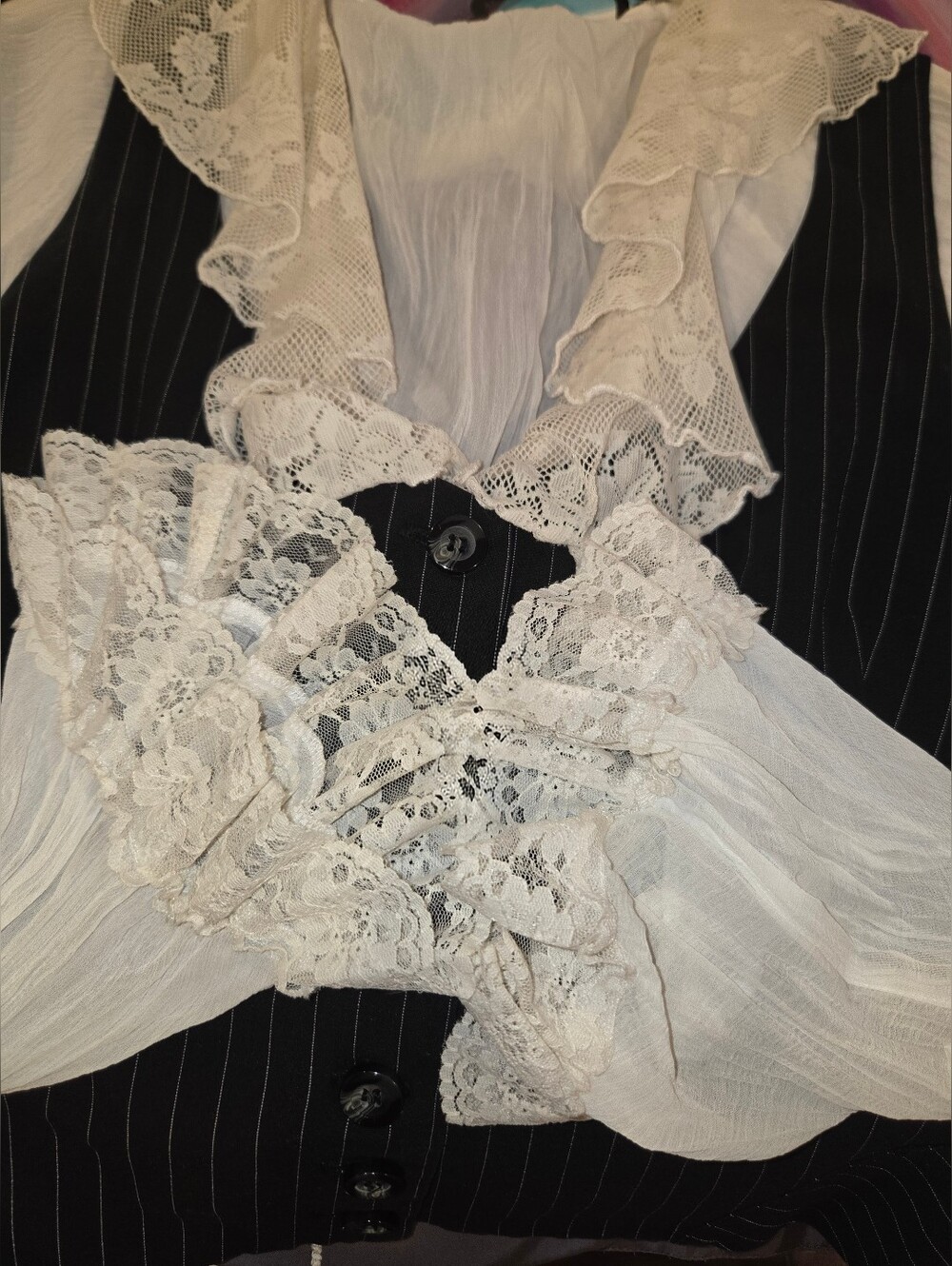 Ruffled White Lolita Lace Trimmed Blouse Layered Under Pinstripe Vest - Picture 7 of 15